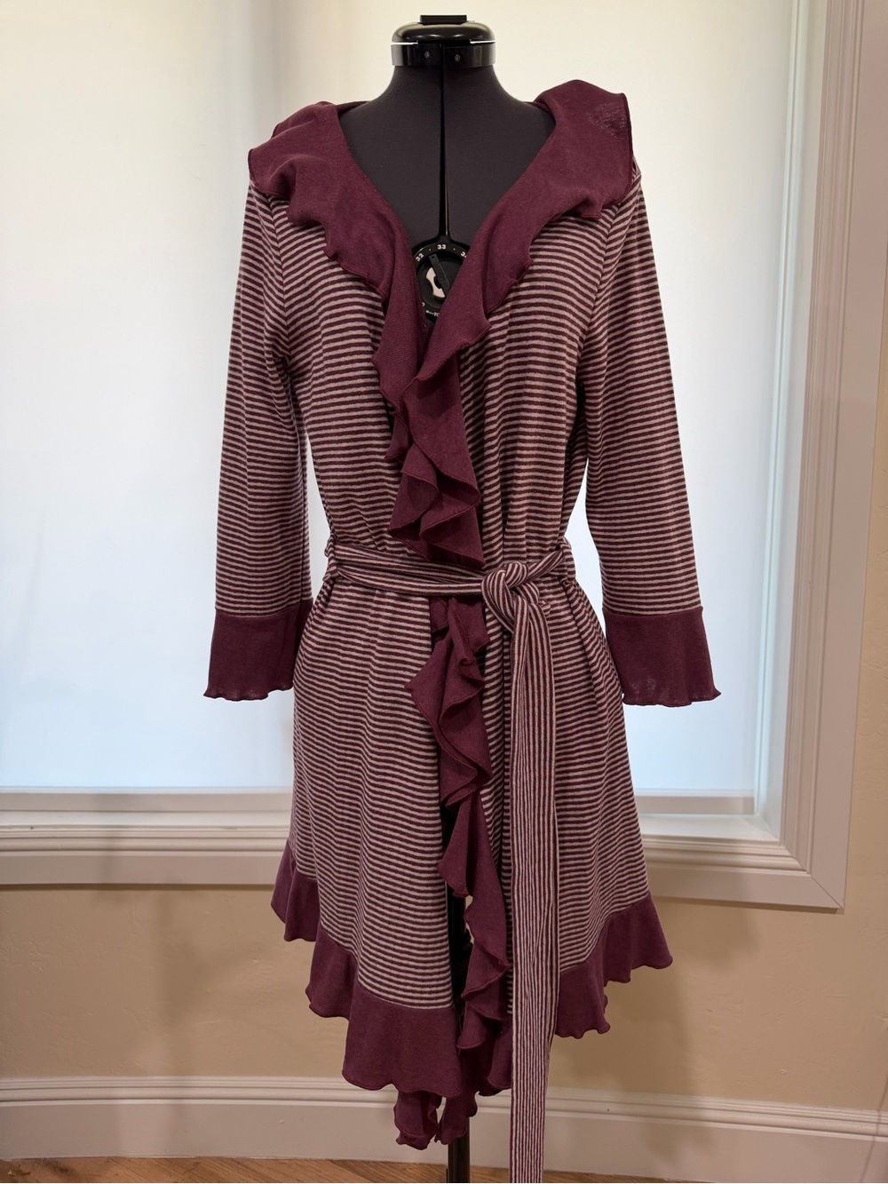 Striped Ruffle Belted Cardigan - Plum
